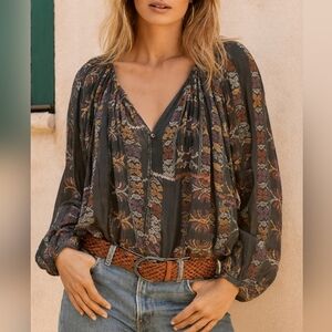 Free People FP One Semi‑Sheer Floral Top OS Blue Multicolor Flowy Boho Print EUC